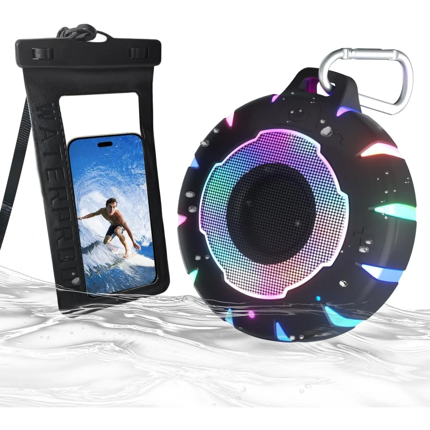 Bluetooth Shower Speaker with Waterproof Phone Pouch - Portable, Compact, Durable, Clip-On Device with Lights for Wet Adventures, Shockproof
