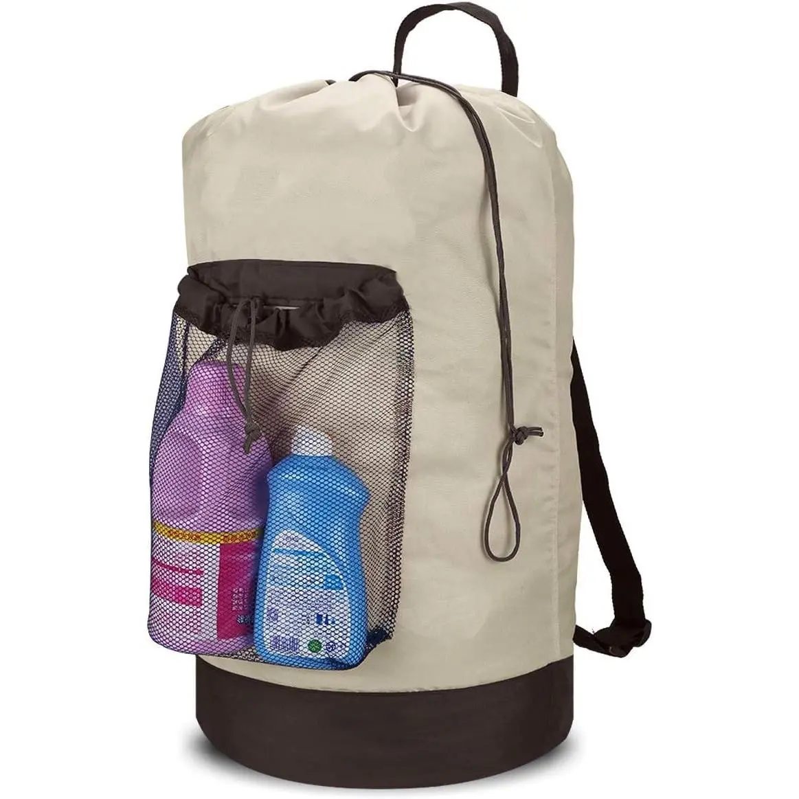 Large 115L Backpack Laundry Hamper with Shoulder Straps, Drawstring Closure, Mesh Pocket, Khaki