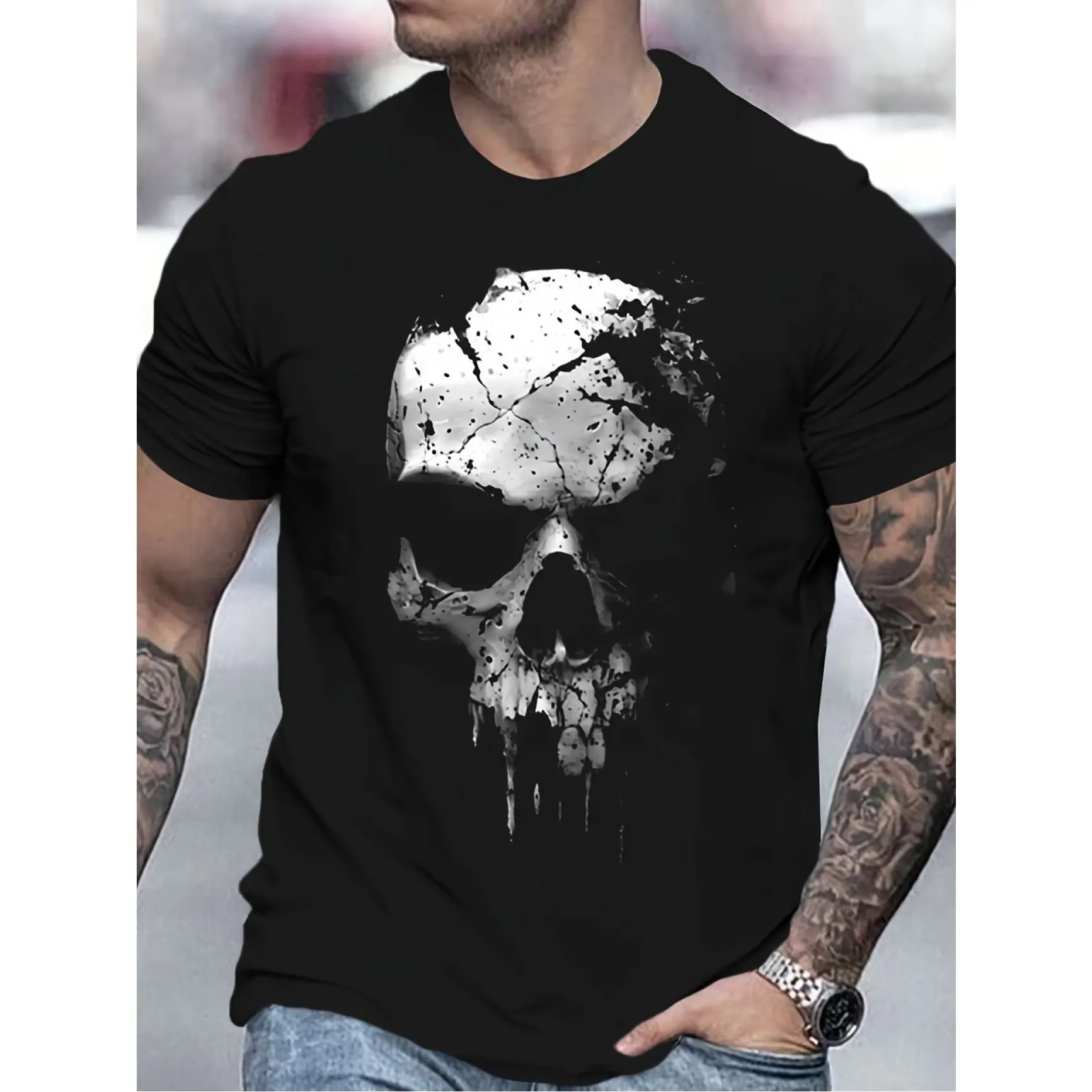 Cracked Skull Splatter Graphic Tee – Gritty Urban Style, Cool Oversized Cotton Shirt, Edgy Streetwear Outfit, Ideal Valentine’s Gift for Him, Best Rock or Metal Music Fan Present