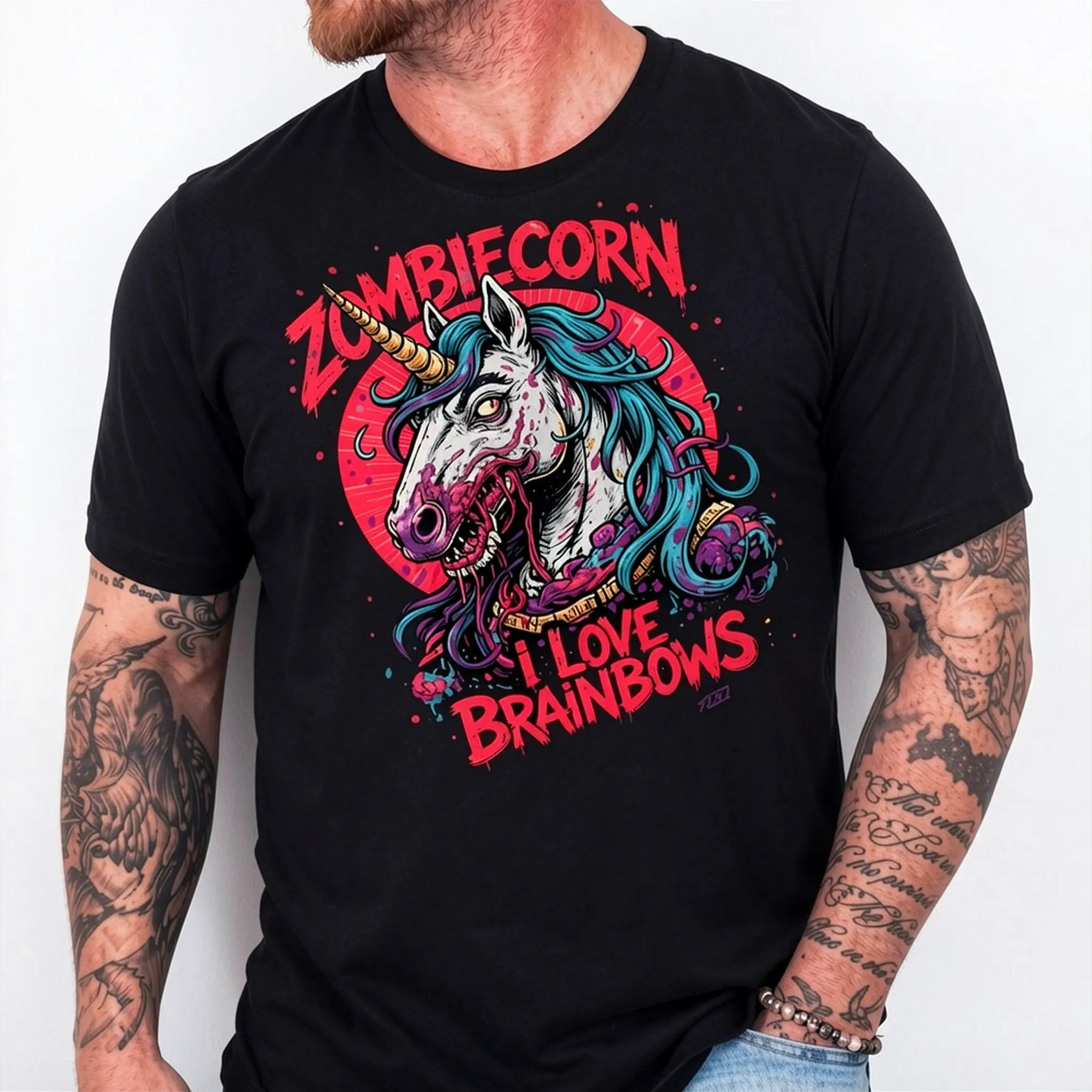 Men's Zombie Unicorn Halloween Graphic Heavy Cotton 7.05 oz Short-Sleeve Round Neck T-Shirt - Soft, Breathable, Loose Retro Western Menswear with Cowboy, Cactus, Pumpkin Lantern - Casual Autumn Winter Streetwear for Western Themed Parties