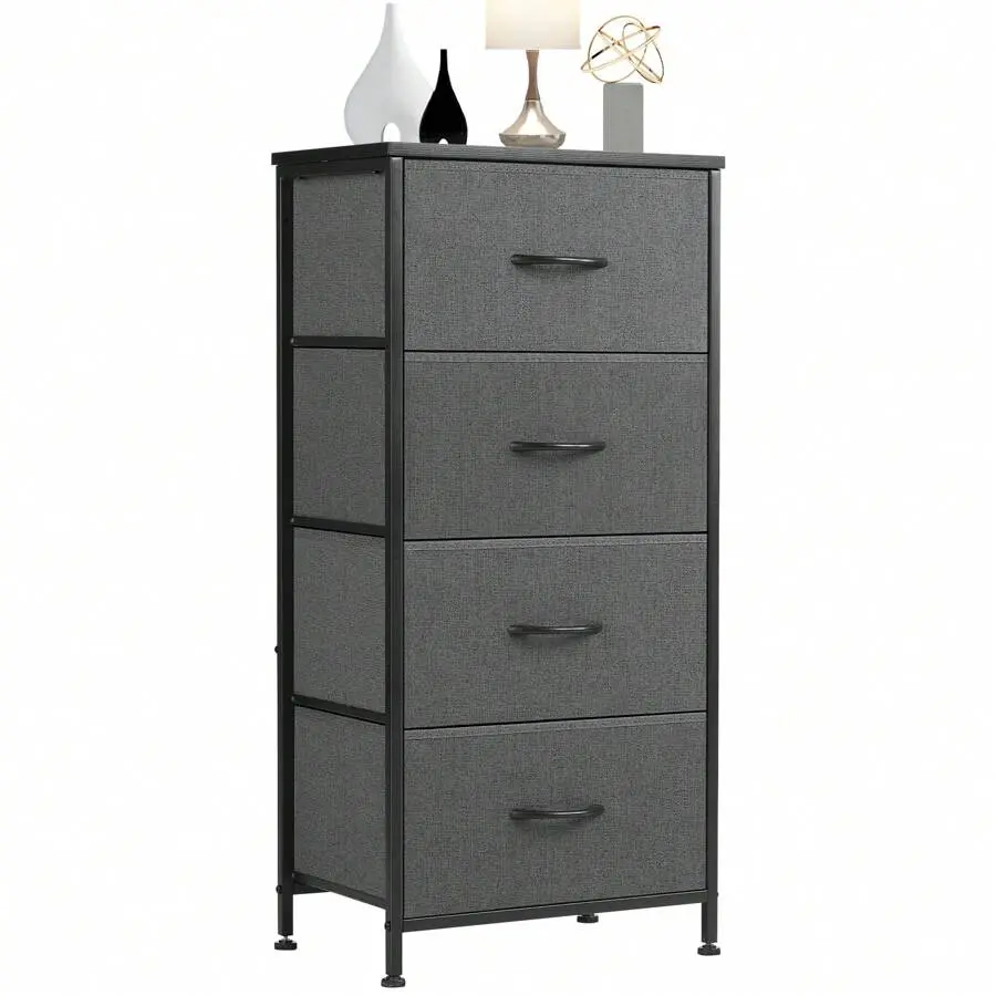 4-Drawer Full Size Wood Top Dresser Chest - Single Unit Indoor Furniture Cupboard with Metal Frame, Adjustable 18"L * 11.8" W * 37"" Porch Storage Solution, Assembly Required