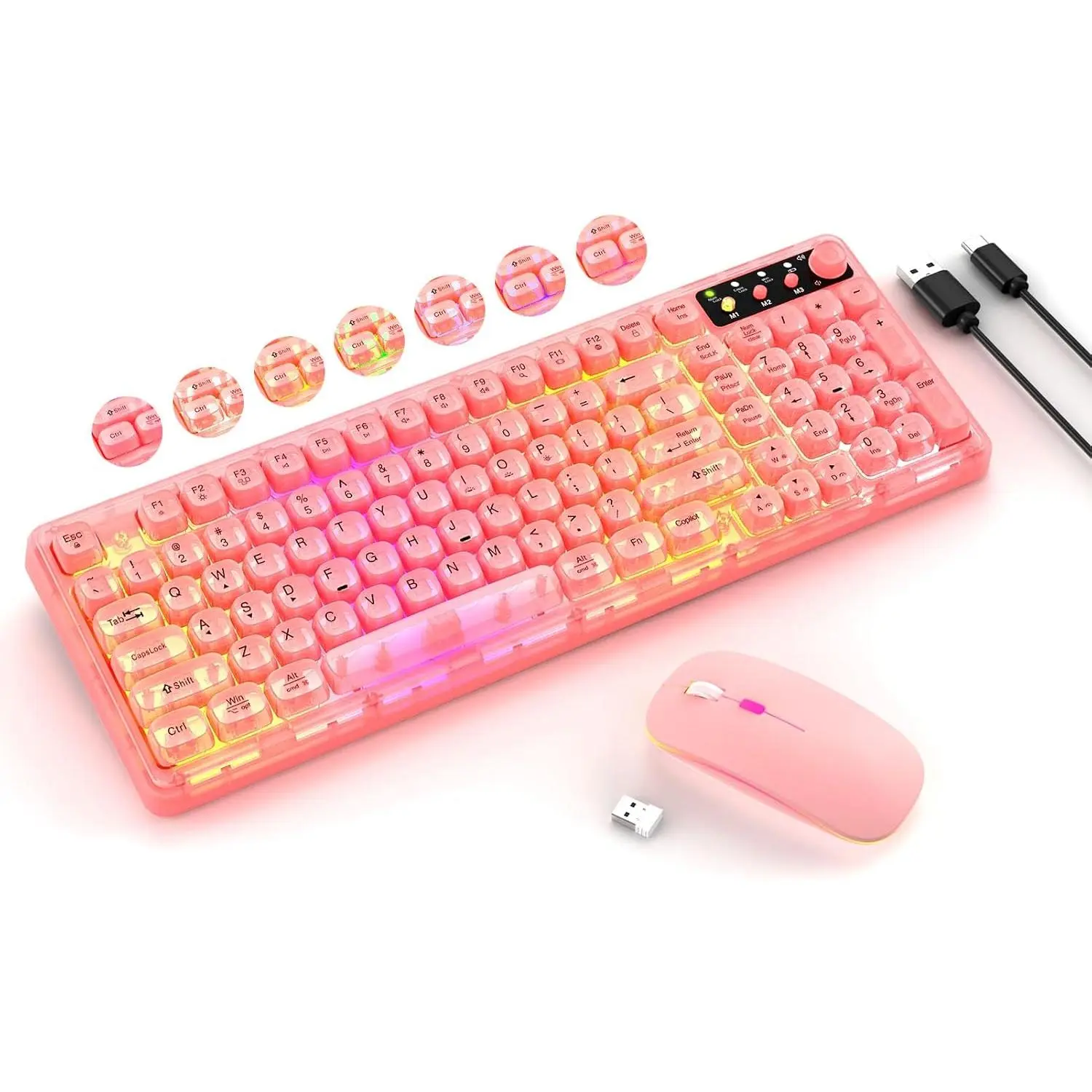 Wireless Light Up Keyboard and Mouse Peripherals - Cute 2.4Ghz Cordless Rechargeable Transparent Backlit Bubble KB-Mouse, 15 Backlight Effects, Numbered Volume Knob, Hotkeys and Media Keys, RGB 3 DPI for PC Mac Laptop, Personal Computers