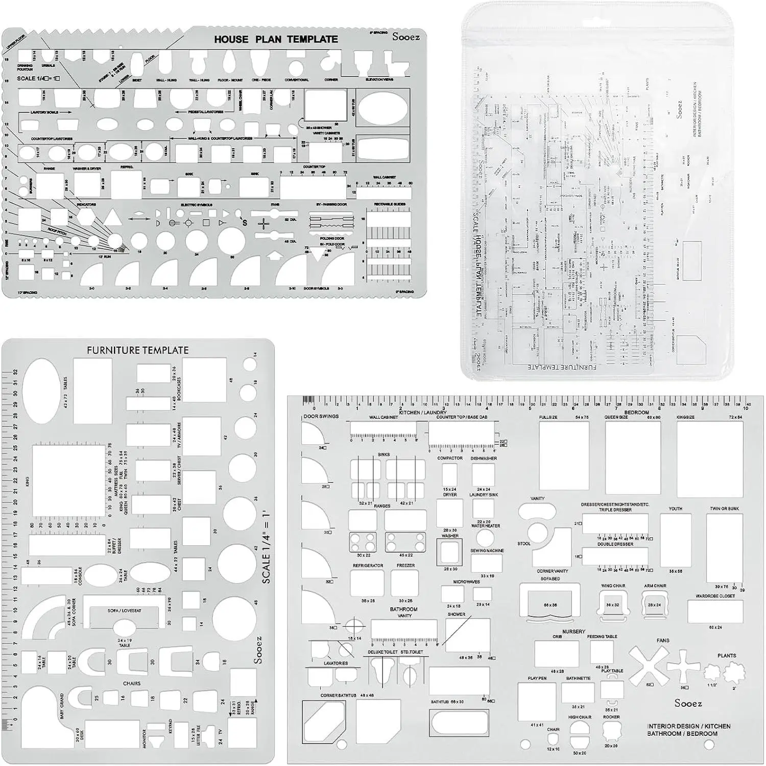 Architectural Templates, House Plan, Interior Design and Furniture Template, Drafting Tools and Supplies - Set of 3