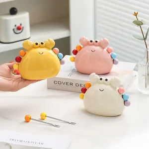 Cute Crab Fruit Fork Cutlery Set with Ceramic Holder, 304 Stainless Steel Rainbow Dessert Picks for Kids Home Table Decor, Tableware