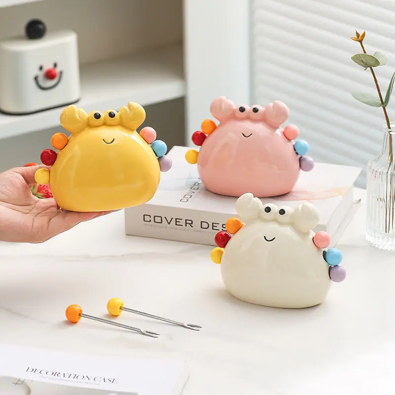 Cute Crab Fruit Fork Cutlery Set with Ceramic Holder, 304 Stainless Steel Rainbow Dessert Picks for Kids Home Table Decor, Tableware