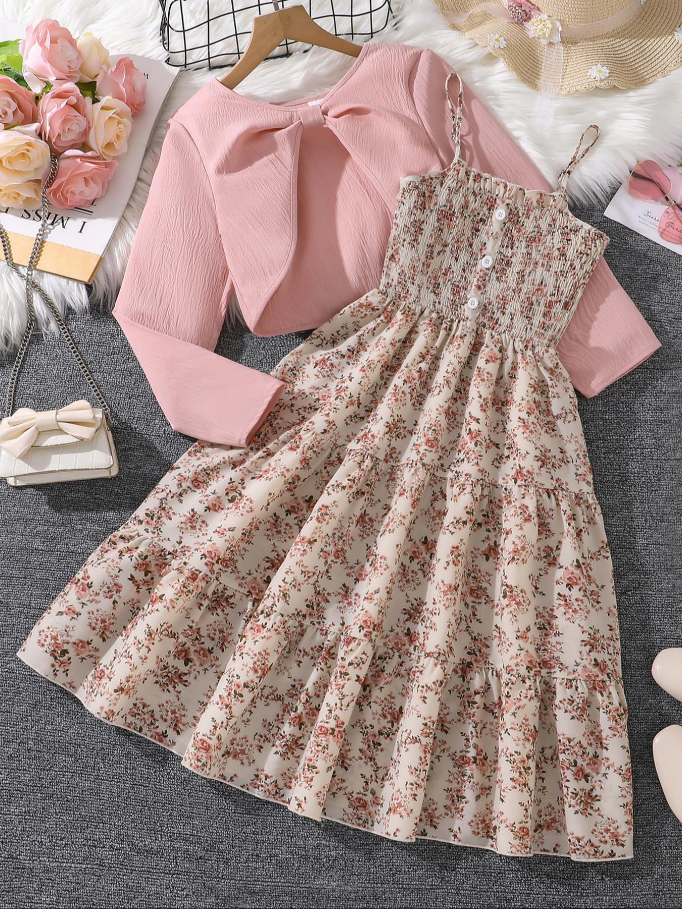 Two-Piece Set Girl's Floral Print Shirred Crop Top & A Line Dress Set,  Flower Dress,