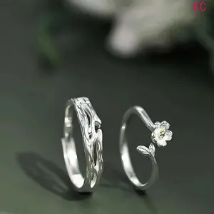 2Pcs Jasmine Pattern Adjustable Open Couple Rings, Artificial Gemstone Elegant Band Jewelry For Daily Daily Outfit Matching