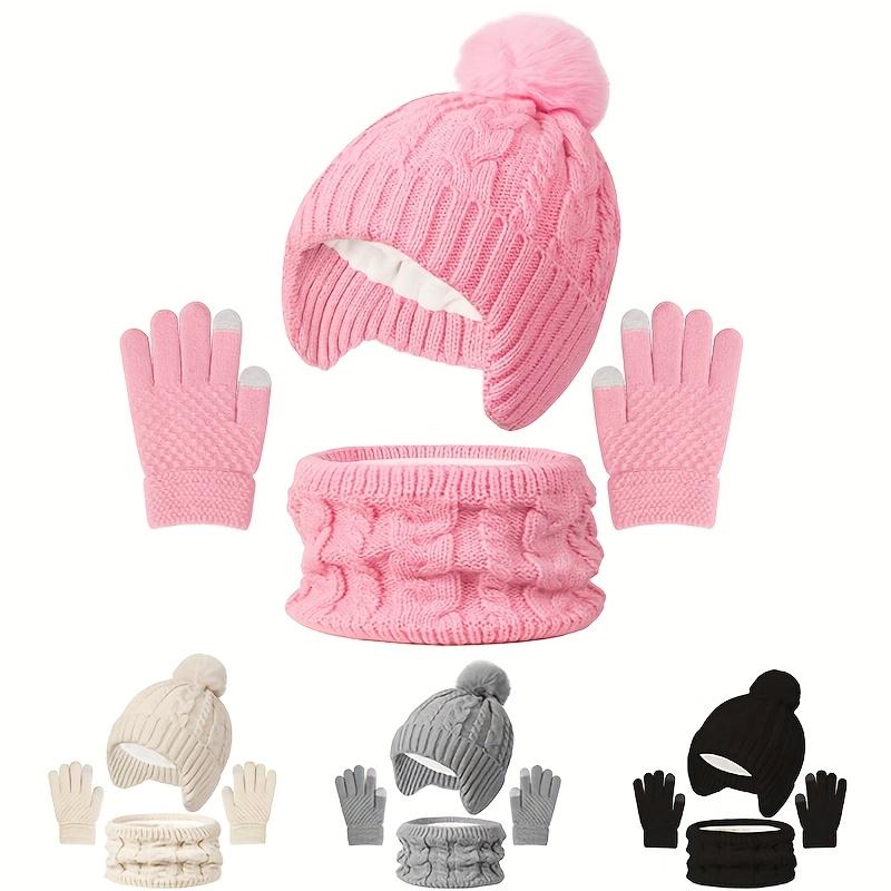3pcs Winter Warm Hat, Gloves & Scarf Set - Soft Stretchable -like Ear Protection Outfit with Pink Bow-like Pom-Poms, Beige//Gray Color Options for Boys & Girls (Ages 3-8) - Hand Washable Cold Weather