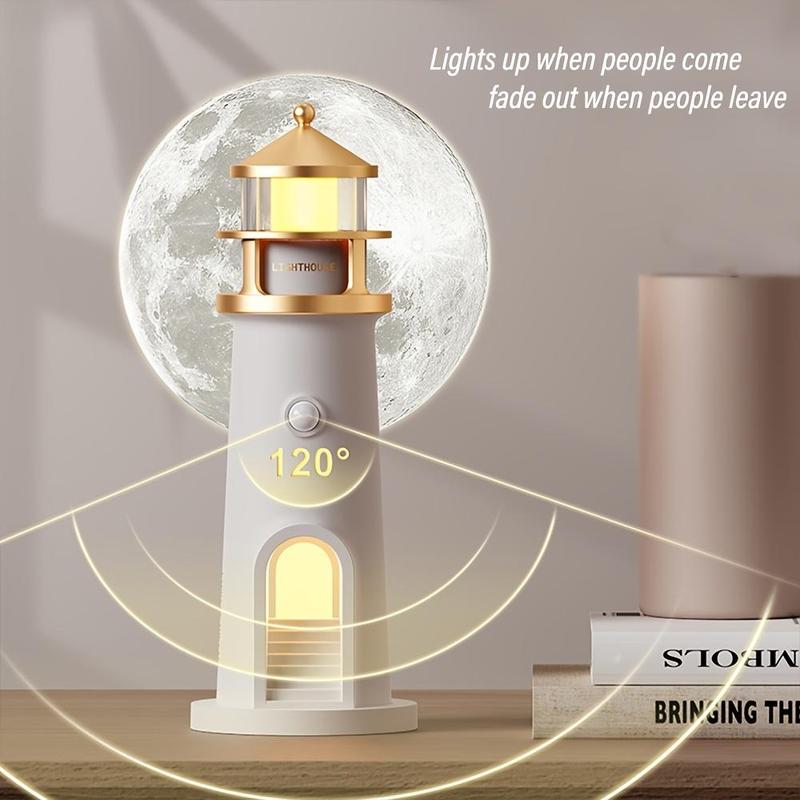 Moonlight Lighthouse Projection Light with Motion-Sensor Night Light, USB Rechargeable Lighting, Bedroom Bedside Lamp, LED Moonlight Projection Ambient Light, Decorative Gentle Lamp