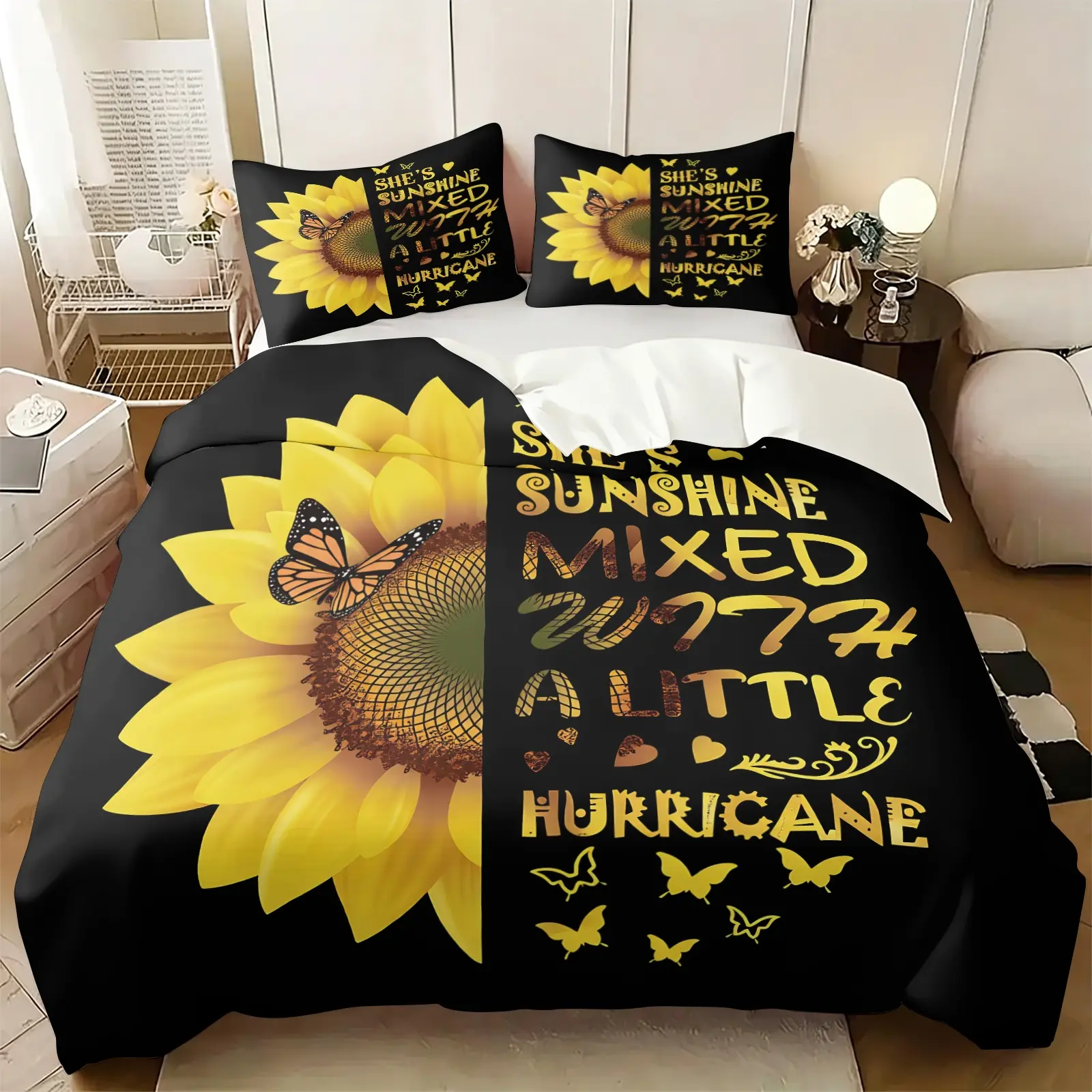Healing Sunflower Butterfly Vintage Gold Quote Print Duvet Cover Set, Includes 1 Or 2 Pillowcases, Sunshine & Tough Hurricane Female Slogan Design, All-season Breathable Washable, Low-cost Decor For Rental & Teen Girl Bedrooms