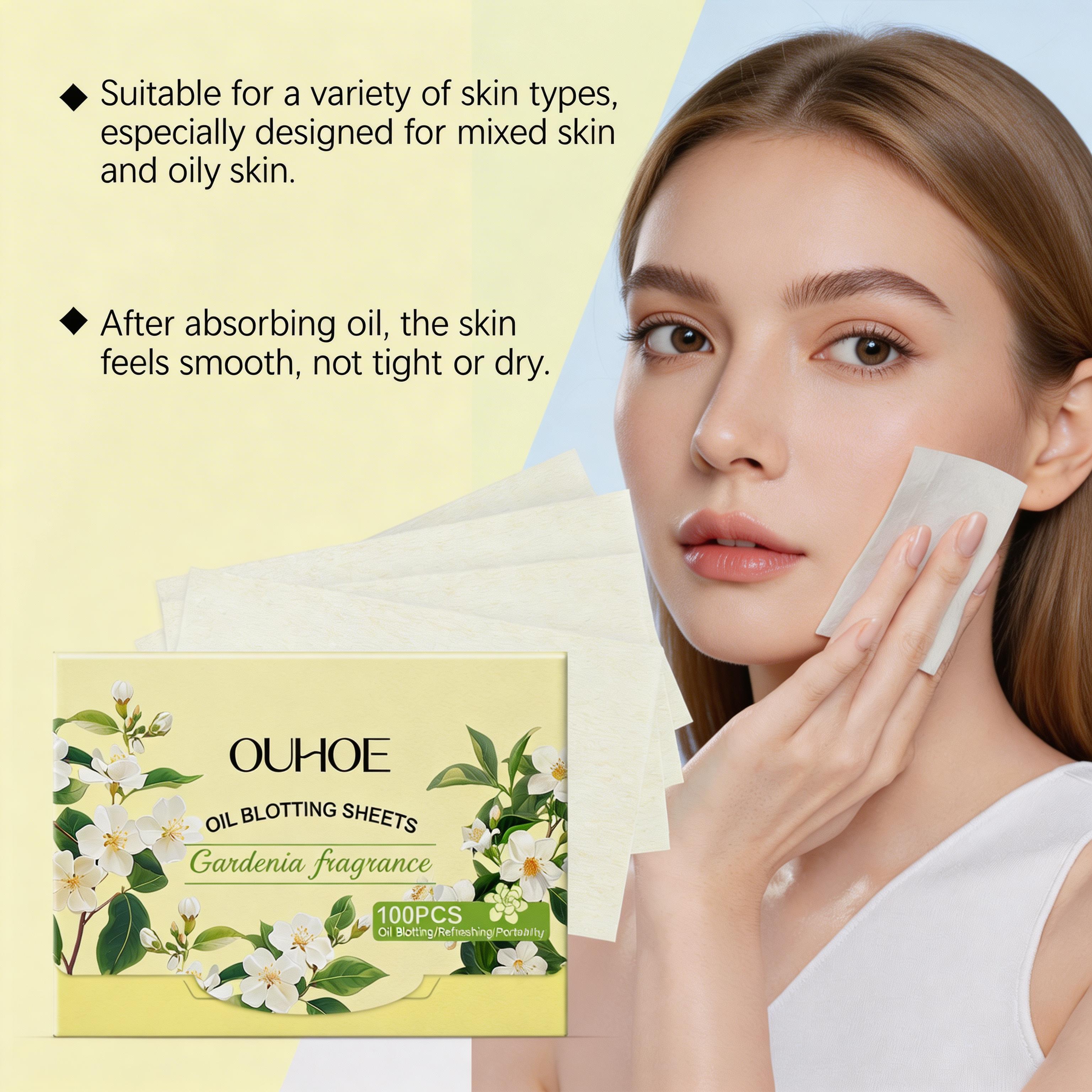 OUHOE Oil Blotting Sheets (Gardenia), Cellulose & Kaolin Dual Oil Control, Gardenia Extract Brightening + Vitamin E Antioxidant, Makeup-Friendly No Powder Removal, Soft for Oily Skin