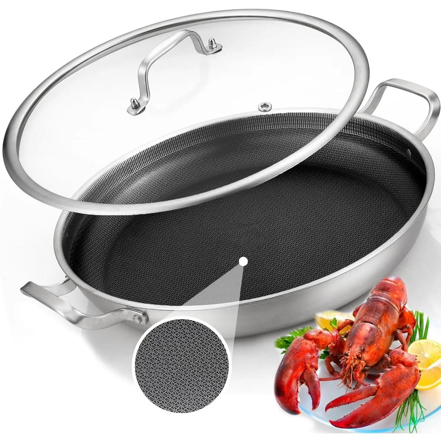 Tri-Ply 14.5 Inch Stainless Steel Paella Pan,12 Servings Paella Pan with Lid,18/10 Nonstick Large Skillet,Jumbo Cooker,Induction Pan,Skillets,for Outdoors,Camping,Parties