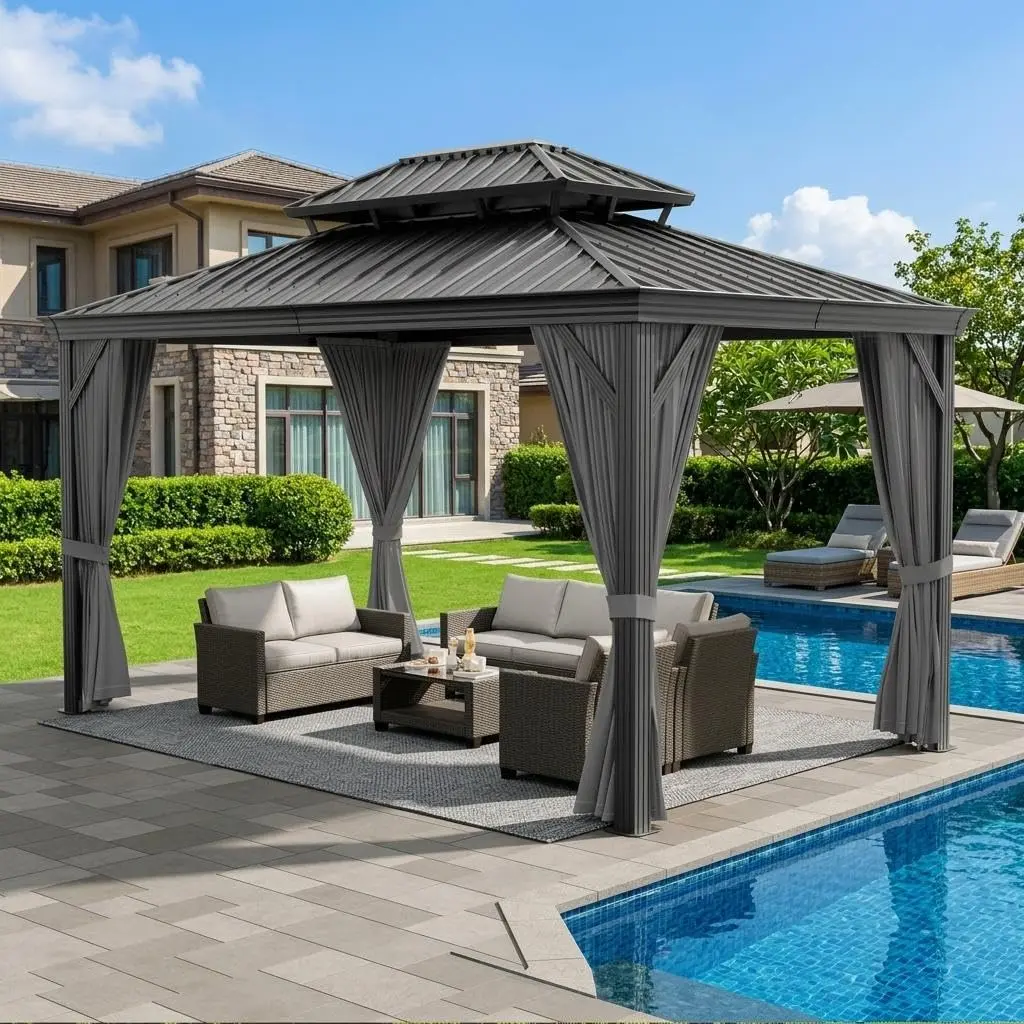 GARVEE 12’X20’ Hardtop Gazebo, Outdoor Pavilion with Nettings and Curtains