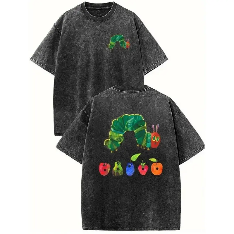 Men's Short-Sleeve Heavyweight Cotton Crewneck T-Shirt - Holafish Retro Acid Wash, Dual-Side "The Very Hungry Caterpillar" Graphic, Unisex Streetwear Summervibes Casual Top