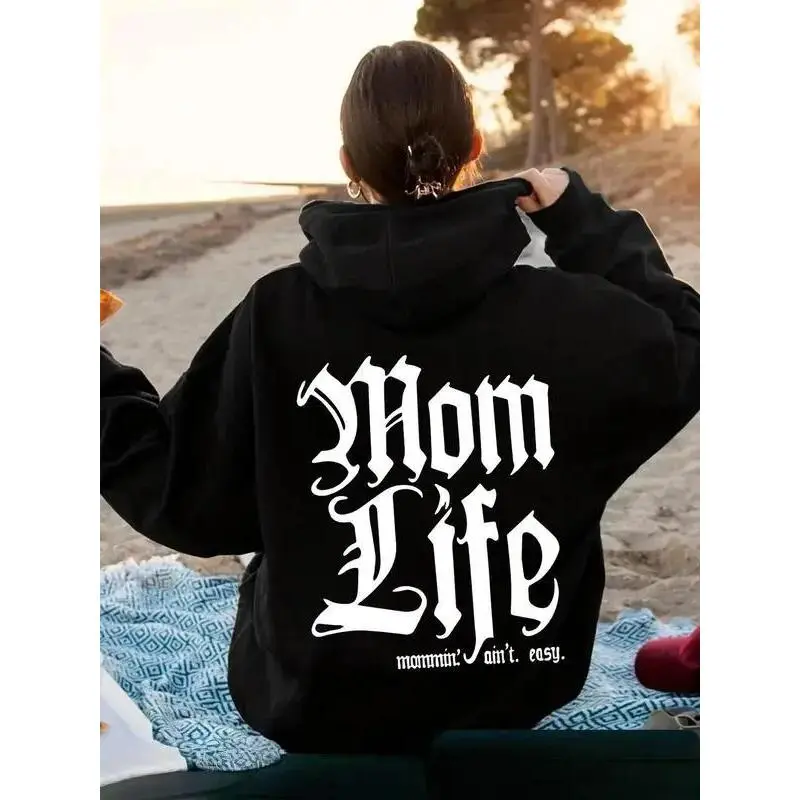 Letter Print Hoodie, Casual Mom Life Printed Hooded Sweatshirt for Fall & Winter, Women's Clothing for Daily Wear, Hoodie Clothing Tops.