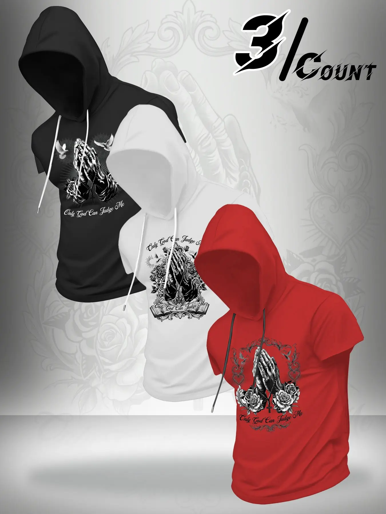 3 Pack Men Drawstring Hooded Short Sleeve T-Shirt Vintage Tattoo Praying Hands Rose Cross Only God Can Judge Me Christian Graphic Breathable Faith Streetwear Multipack Summer Basic Tops