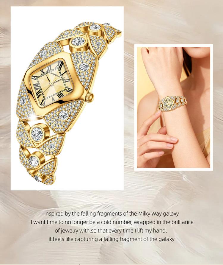 Women's Luxury Gold Iced Out Diamond Bracelet Watch - Square Mother of Pearl Dial with Roman Numerals, Fully Bling Crystal Encrusted Quartz Wristwatch, Perfect Gift for Her