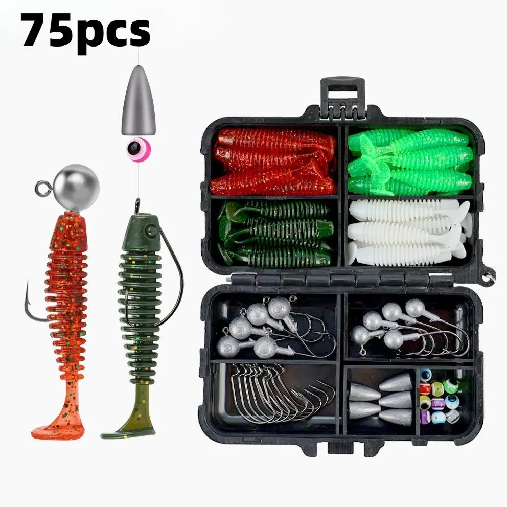 75Pcs Lure Soft Bait Tackle Set, Complete Texas Rig Kit with Offset Hooks, Sinkers & Jig Hooks for Predatory Fish Fishing