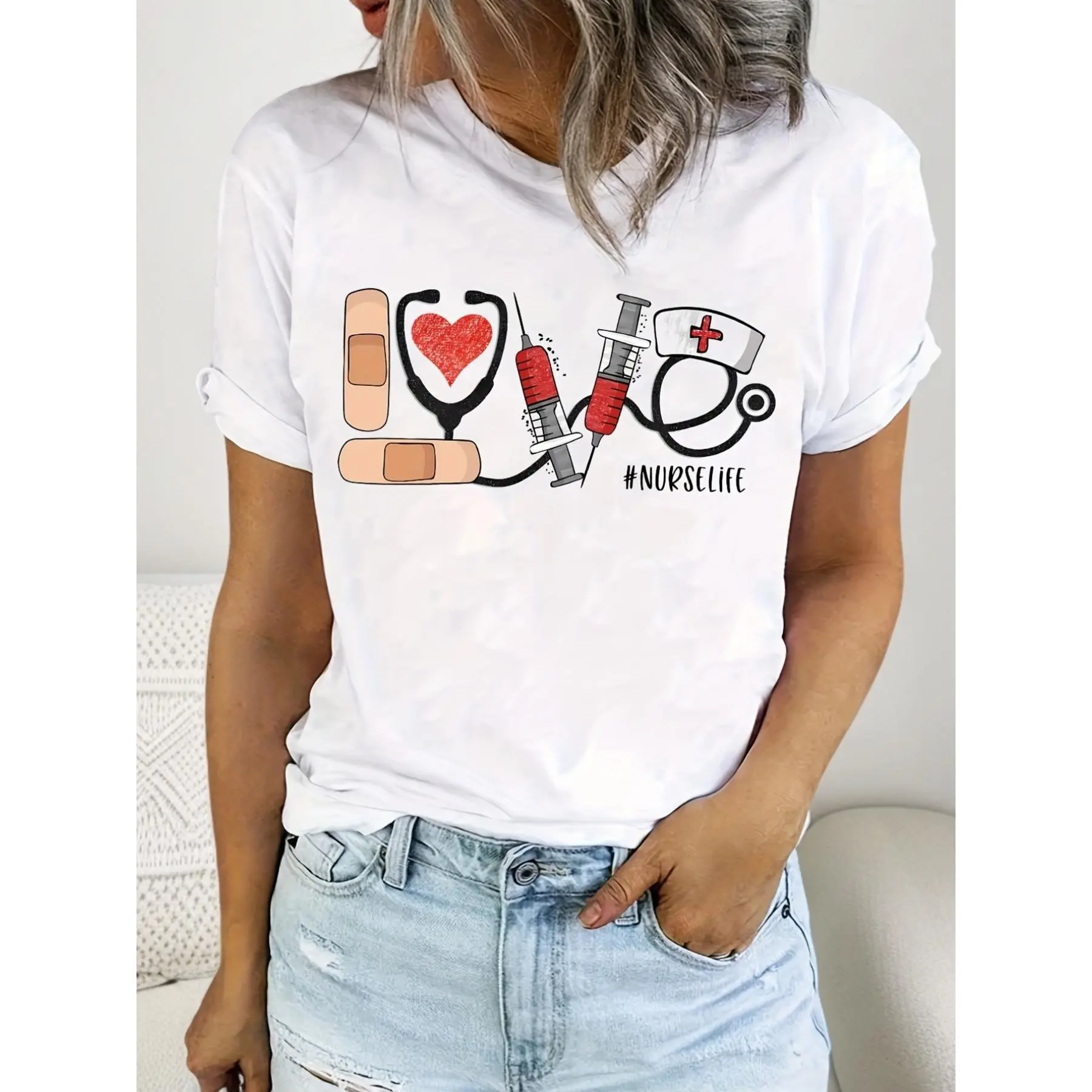 Nurse Life Graphic T-Shirt for Women Men, Comfortable Short Sleeve Loose Fit Top, Smooth 100% Cotton Casual Tee with Colorful Print, Jackets, Stretchy