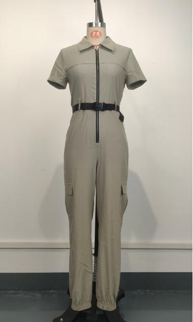 New Women's Fashion Zipper Jumpsuit Short Sleeve Lapel Multi-Pocket Belt Jumpsuit