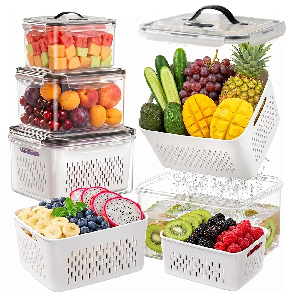 Fruit Storage Containers for Fridge - 4 Size Berry Containers for Fridge Keep Fresh with Colanders and Vent Handle Lids, Clear Vegetable Storage Containers for Refrigerator, Lettuce Keeper