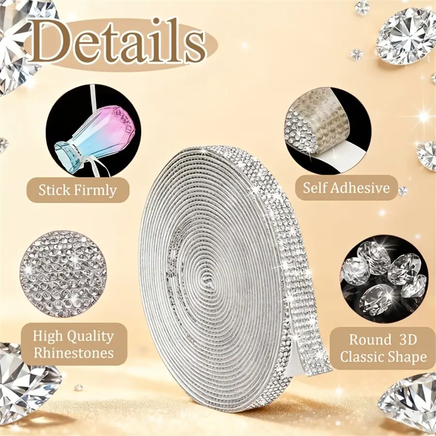 Water Drill Ribbon Stickers, Sparkling Stripes, Diamond Crystal Design, Silver Color Rhinestones, Perfect for Art, Weddings, Cars, Phones, Decals Stickers
