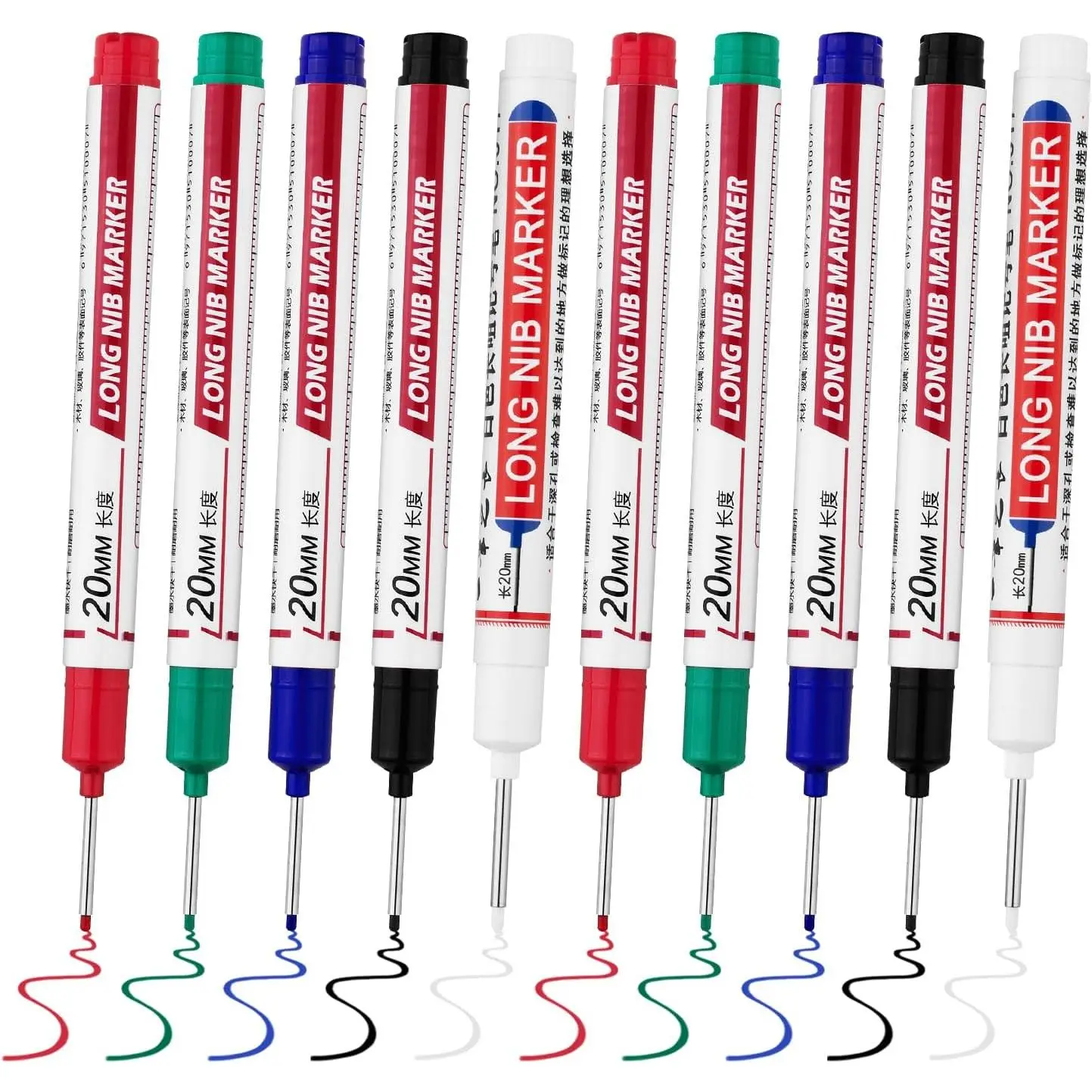 10pcs long-tip deep hole marker pens, 20mm long nib markers, long nose markers, marking tools, permanent markers, woodworking ink pens and metal markers; quick-dry & waterproof long-nib marker pens suitable for metal, steel, ceramic tile and glass