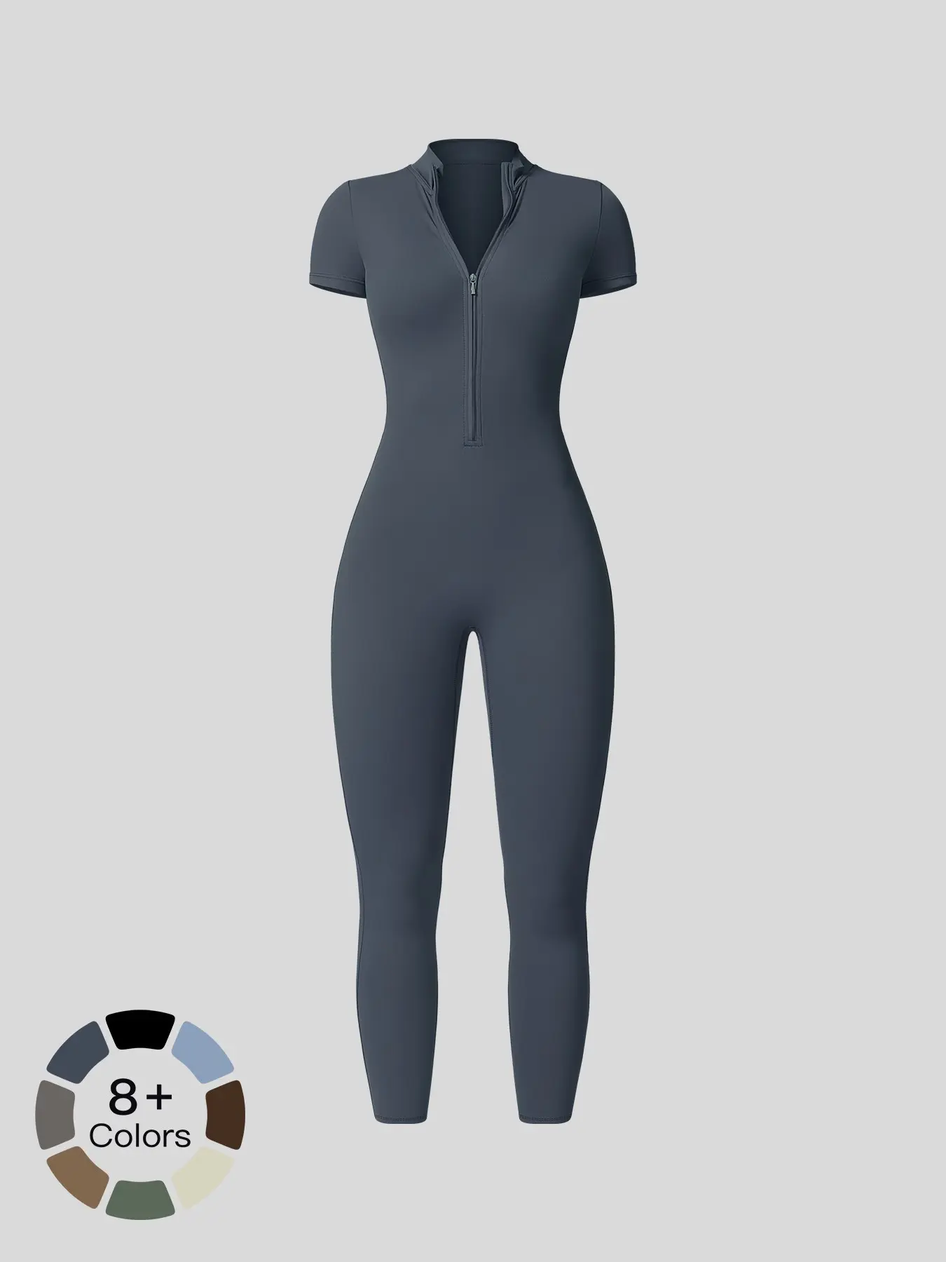 Women's Solid Short Sleeve Half Zip Sports Jumpsuit, Stretchy Jumpsuit, Sporty Stand Collar Skinny Fit Jumpsuit for Yoga Gym Workout, Ladies Sportswear for All Seasons