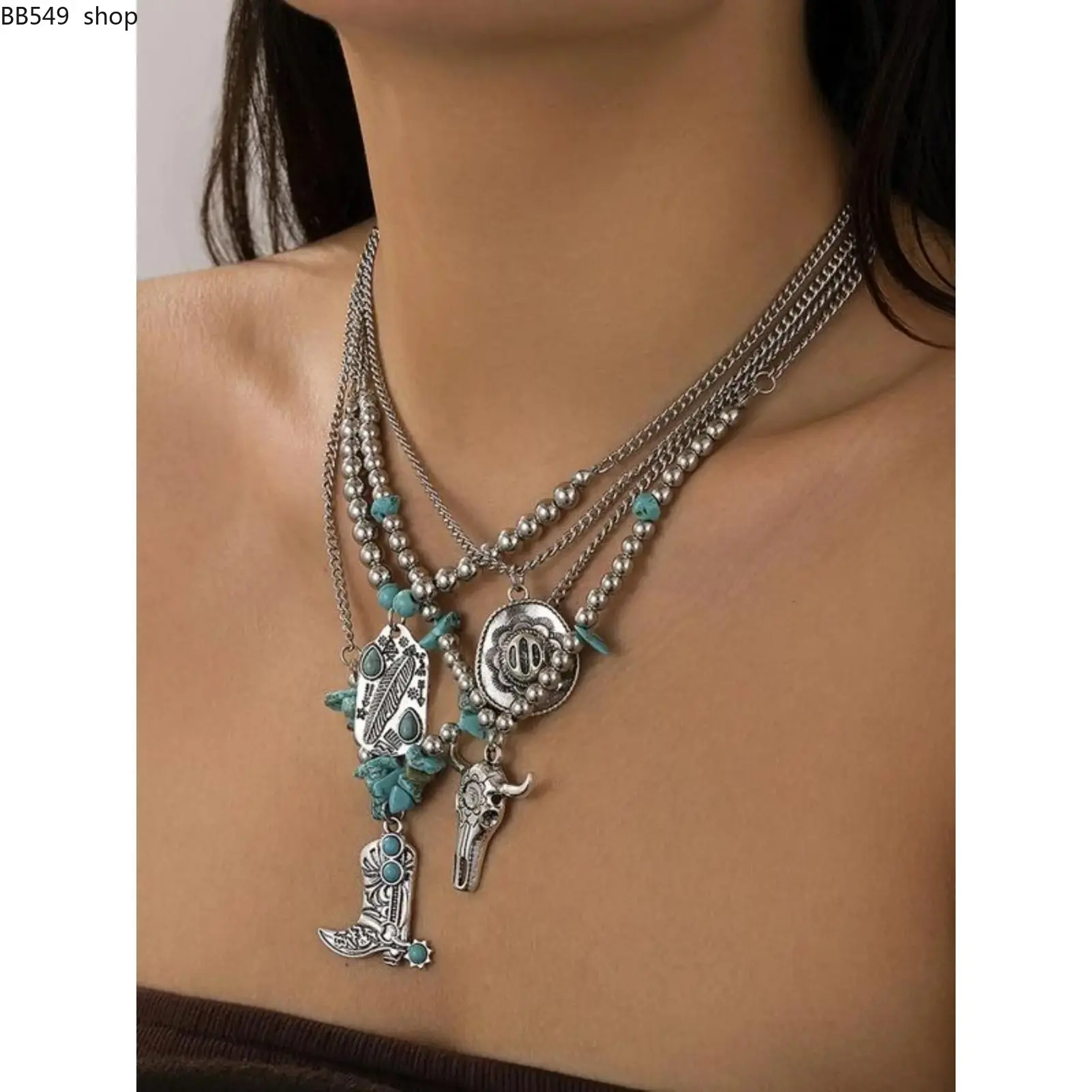 Vintage Faux Turquoise Cow Head Clavicle Necklace Set, Ethnic Style Cactus Cowboy Hat Layered Necklace, 4 Piece Jewelry Collection