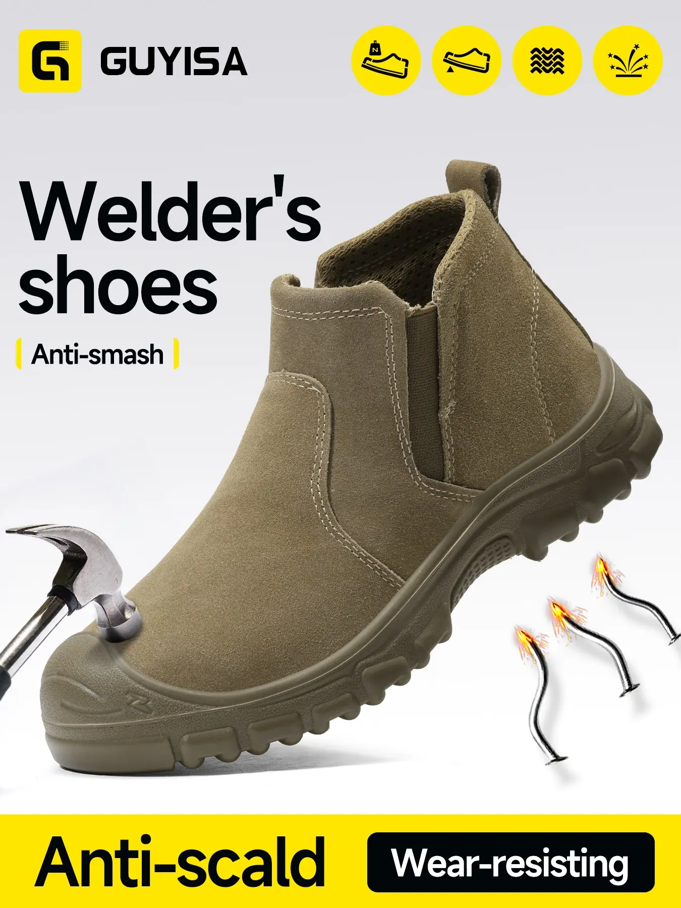 Guyisa Safety Shoes, Welding Shoes, Reindeer Leather, Fireproof, Anti-Scratch, Steel Toe, Kevlar Sole, All Season, Low Top, Medium Width