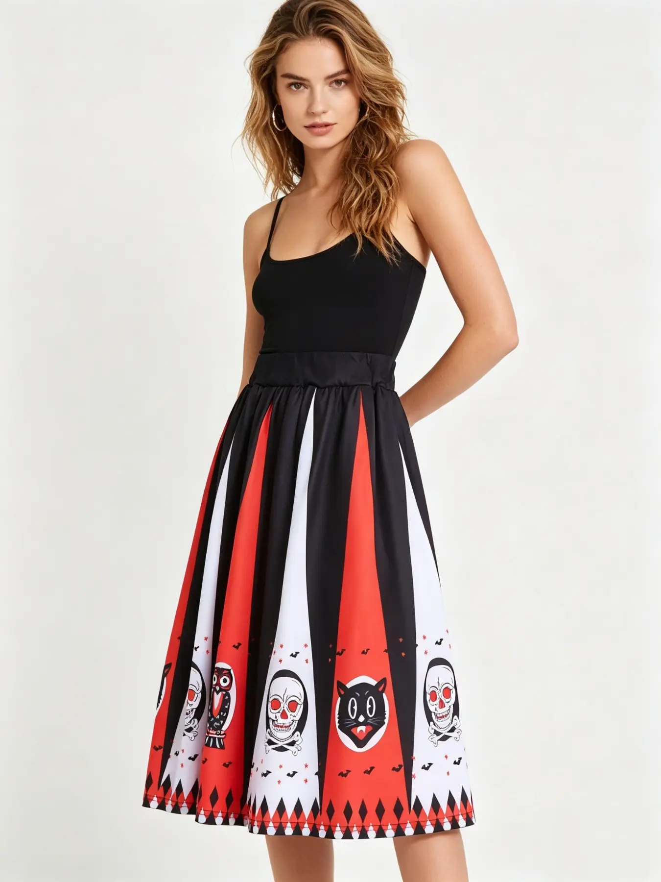 Women Vintage Halloween Skirt Retro Poker Face Skull Plus Size Skirt High Waist Pleated Ball Gown Long Skirts