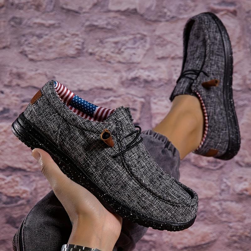 Men's Casual Loafers with American Flag Accent - Comfy, Non-Slip Slip-On Shoes, Breathable Fabric Upper, EVA Sole for Walking & Driving Flat Black Footwear Boy
