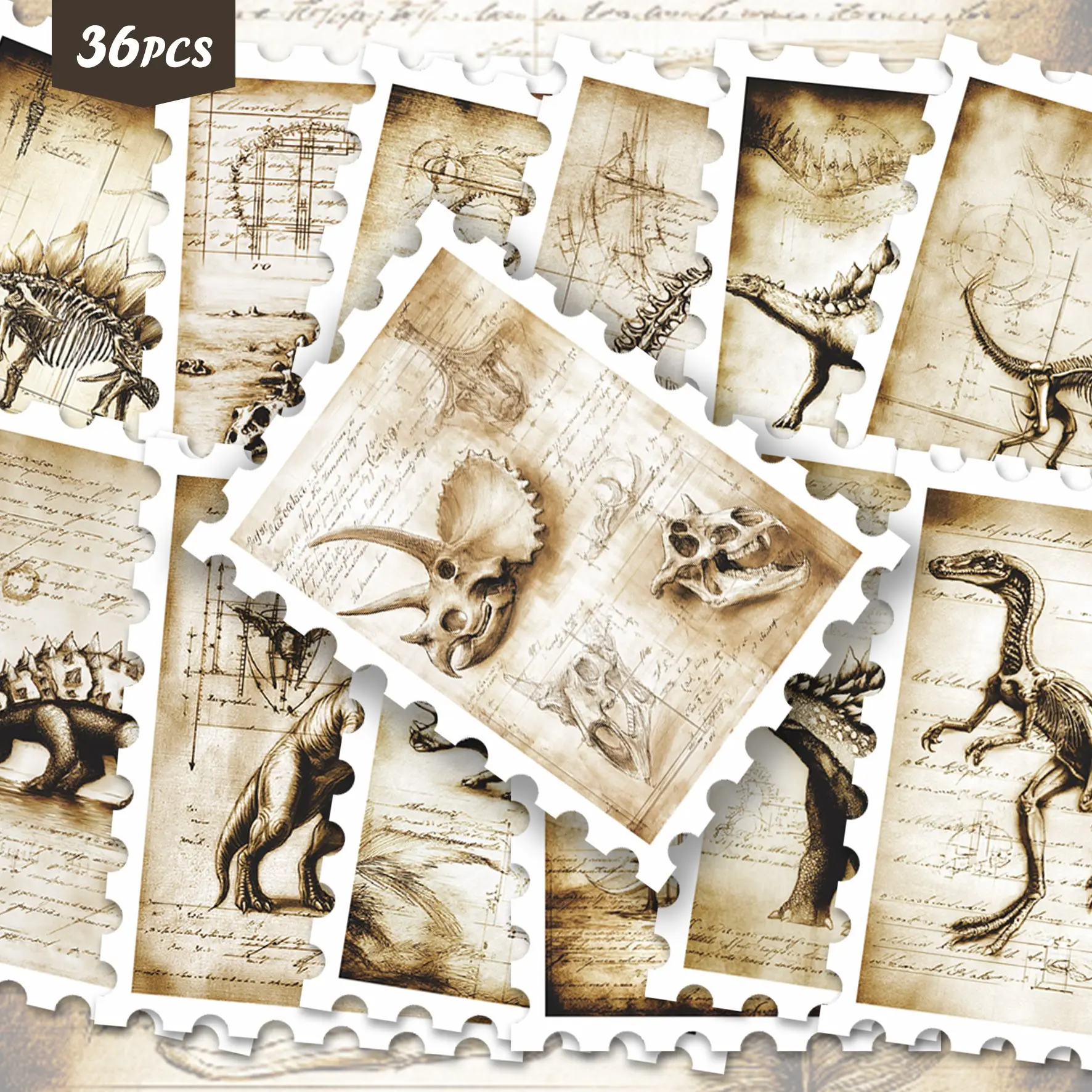 36pcs Aged Parchment Paleontology Sketch Sticker Pack, Aesthetic Dinosaur Fossil Skeleton Blueprint Antique Script Sepia Vintage Scientific Line Drawing Hand Drawn Stickers for Laptop Planner DIY Craft