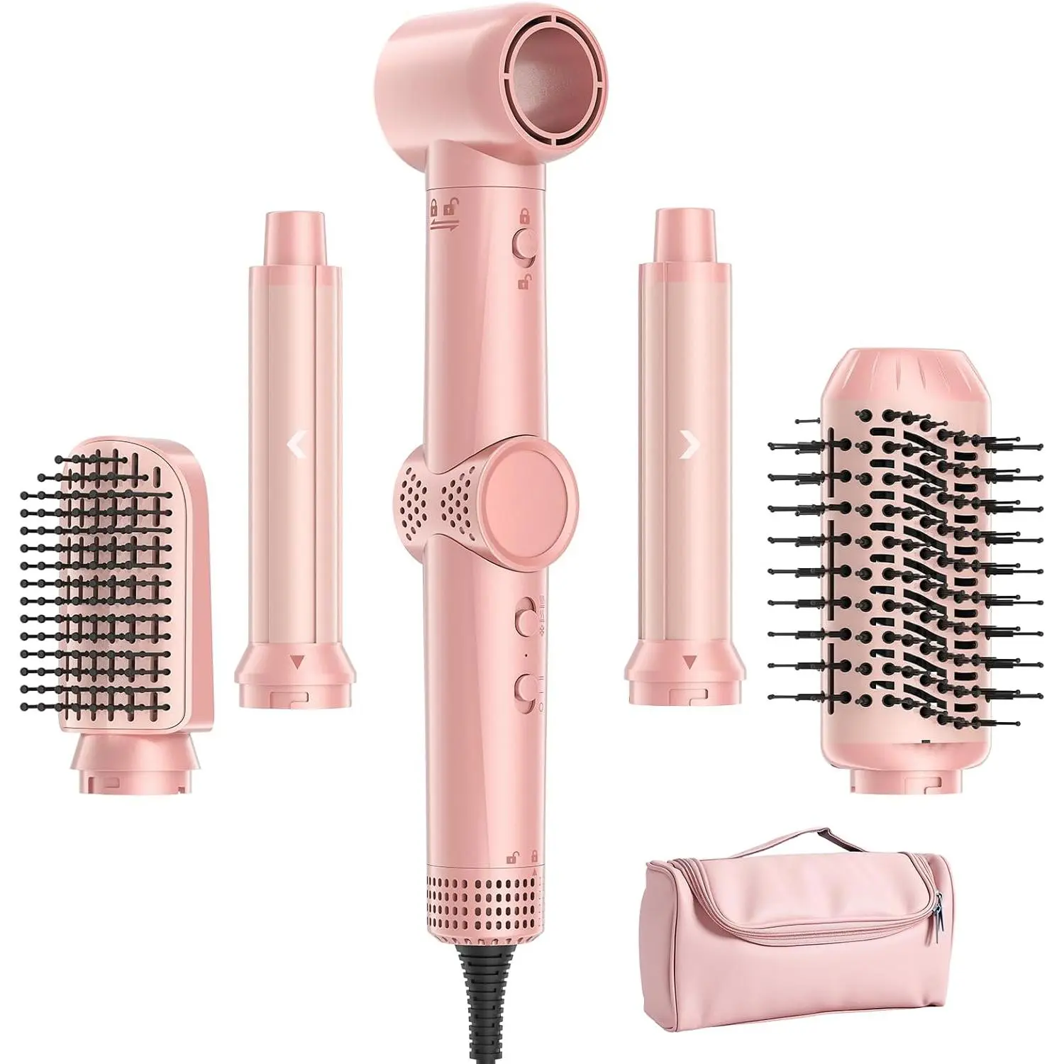 Women's 5-in-1 Air Styler Round Brush Blow Dryer - Powerful Volumizing Blower, Auto Wrap L/R Curly Locks, 3 Heat & 2 Speed Settings, Detachable, Heat Protection, Detangling, Straightening, Curl Enhancing, Frizz-Free, Blowout Hair, Travel Case Included