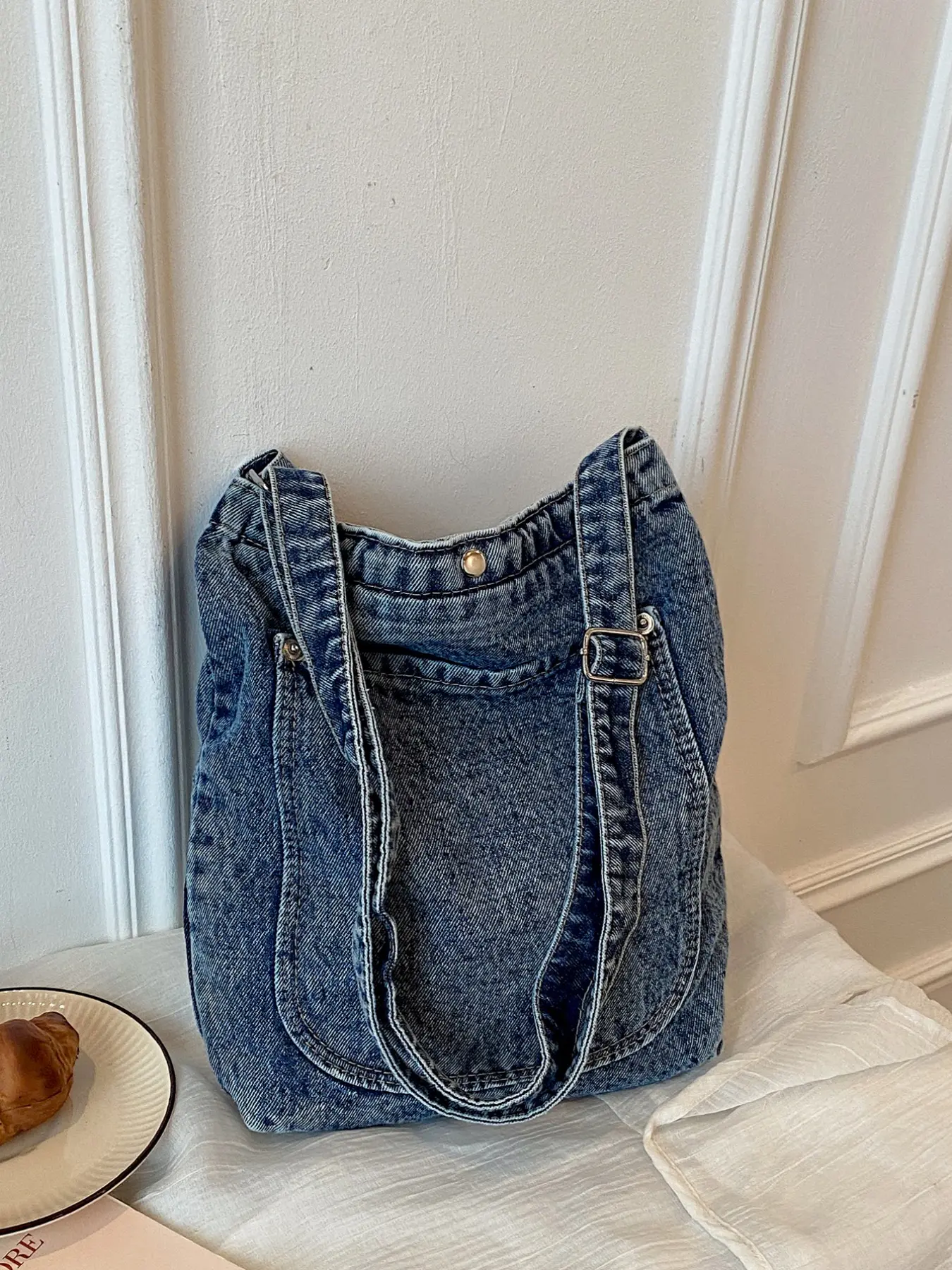 Retro vintage casual denim tote bag, Handbag Shoulder, front large pocket design adjustable shoulder strap crossbody bag, large capacity lightweight daily commuting shopping shoulder bag