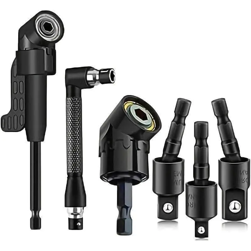 6-Piece Impact Wrench Angle Converter, 360° Rotating Steel Socket, Multi-Size Drill Bit Accessory Set, Ideal for Tight Spaces