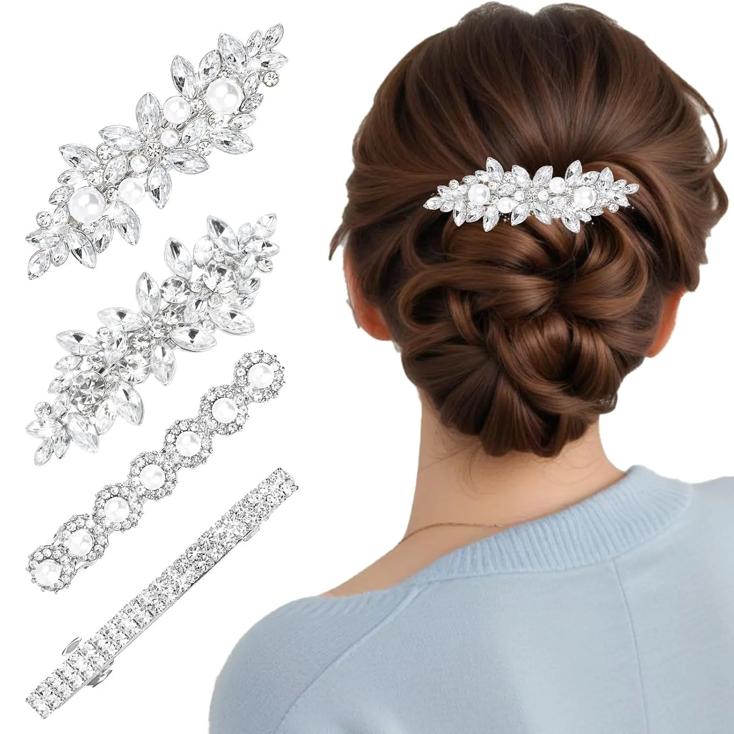4PCS Sparkly Rhinestone Hair Clips for Women, Silver Flower Crystal Hair Clips, Metal Alloy Rhinestone Barrettes Accessories for Wedding, Party, Everyday