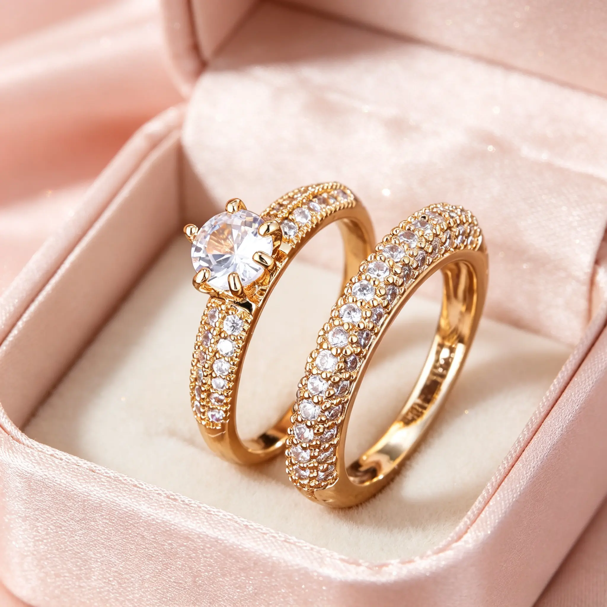 14K Gold Plated 2Pcs Bridal Ring Set Round Solitaire CZ Engagement Ring Double Row Pave Stackable Wedding Band, Women Sparkling Stack Promise Jewelry Gift