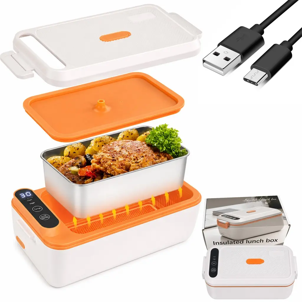 Wireless Automatic Heating Lunch Box, Rechargeable 1L Portable Durable Heated Lunch Box, Detachable Stainless Steel Inner Pot, for Car, Truck, Office