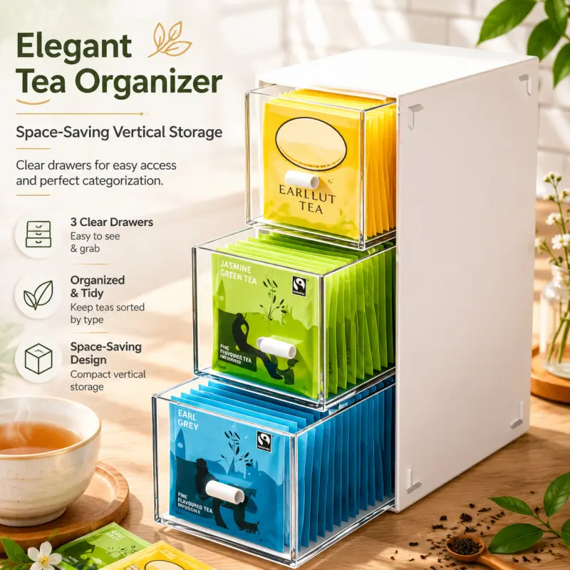 Vertical Tea Bag Storage Organizer with 3 Clear Drawers, Space Saving Tea Packet Holder, Desktop Countertop Tea Caddy for Coffee Sugar Spice Kitchen Pantry Office Storage