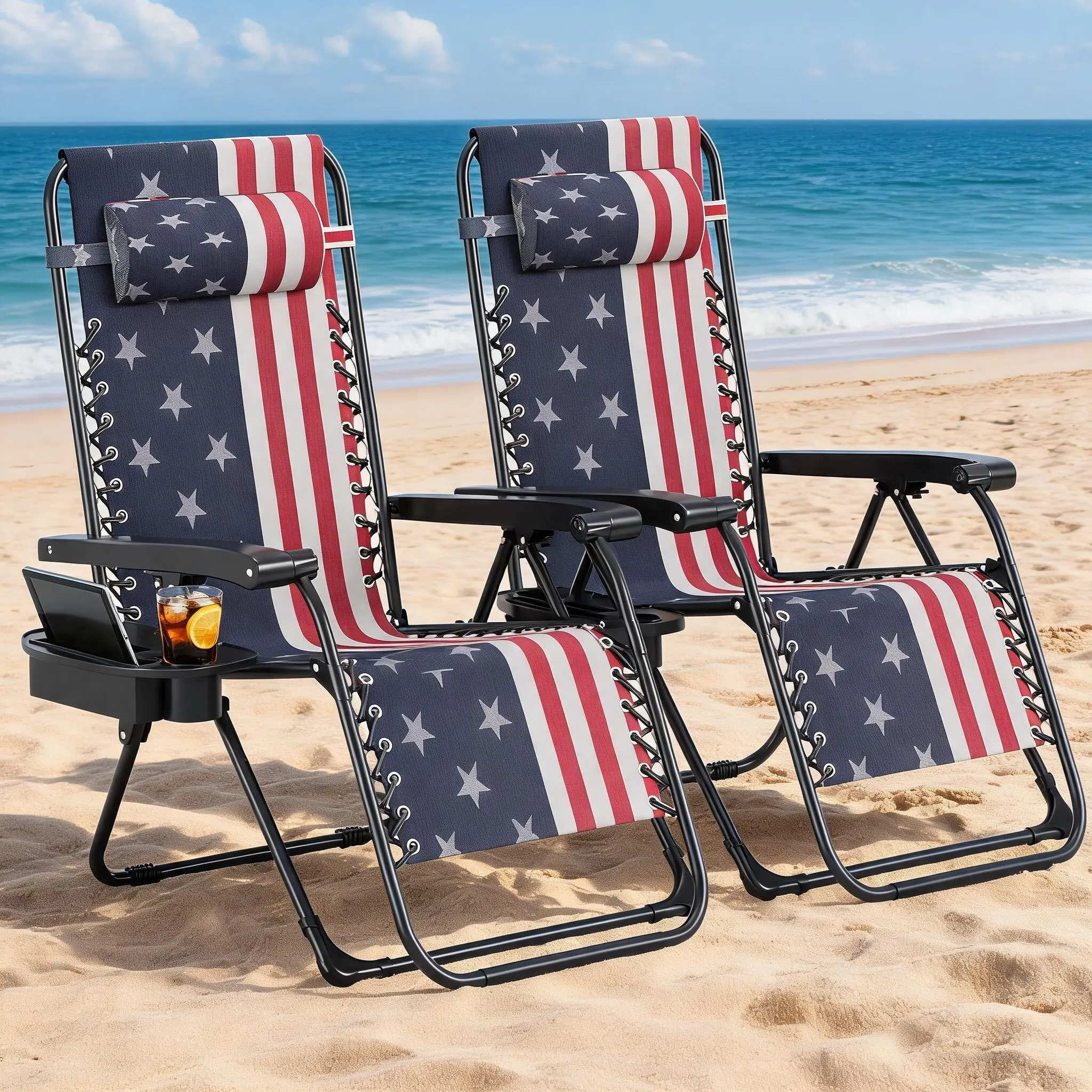 Stars and Stripes Zero Gravity Patio Chair 2 Pack, Folding Outdoor Reclining Lounge Chair with Headrest & Cup Holder, Lockable Adjustable Position, Breathable Mesh for Camping Garden