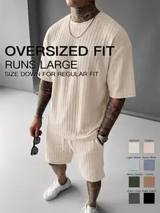 Men’s Loose Fit 2-Piece Summer Set, Oversized Textured Tee with Relaxed Fit Drawstring Shorts