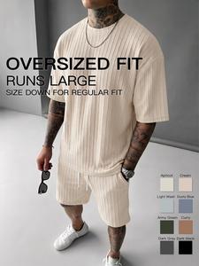 two-piece set men's solid textured drop shoulder short sleeve tee & drawstring waist shorts set, spring & summer clothes, back to school loose casual fashion crew neck t-shirt & pocket shorts for daily outdoor wear, men outfits, fall outfits