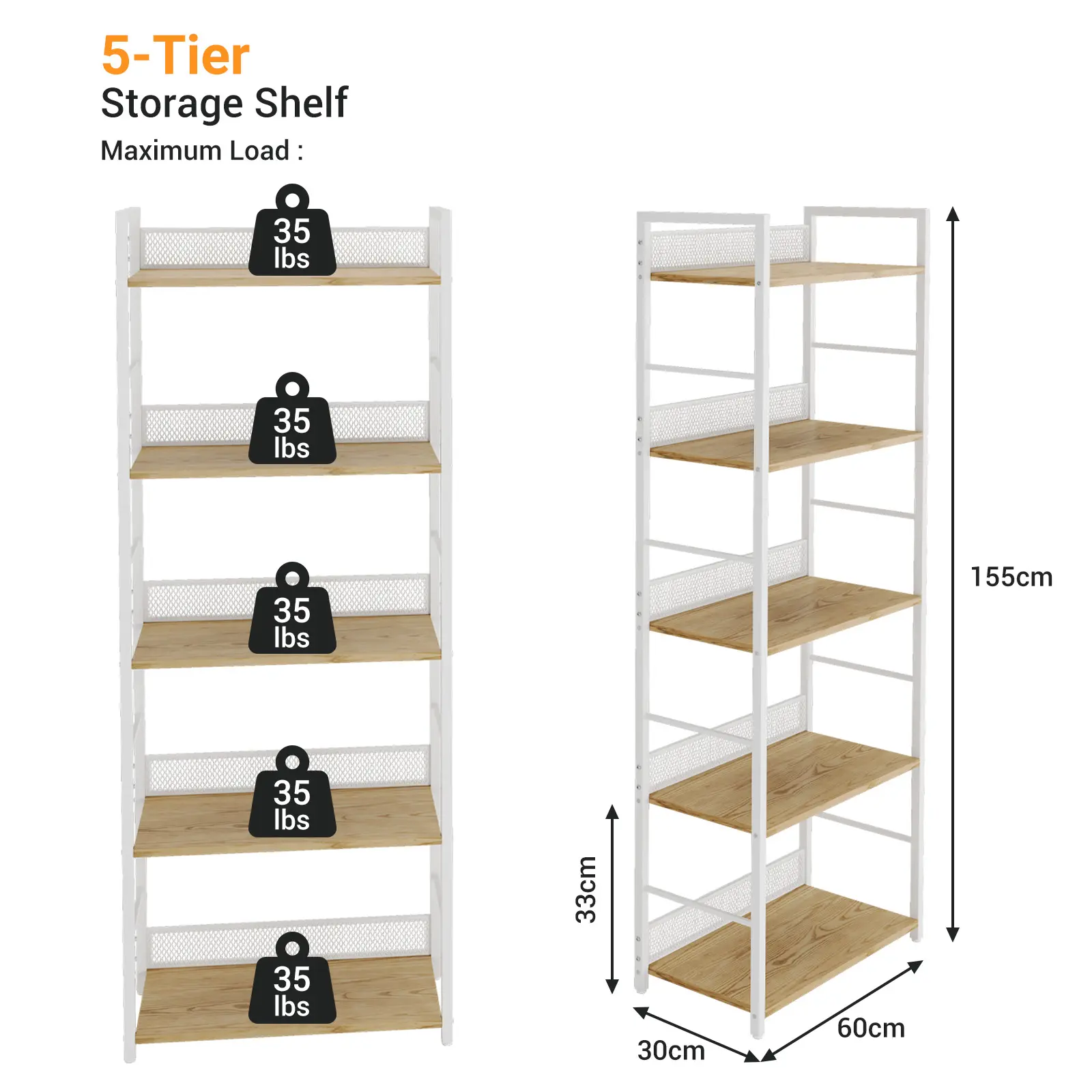 5 Tier Diamond Mesh Storage Shelf Steel Frame Wood Boards Display Organizer Rack for Bedroom Kitchen Living Room