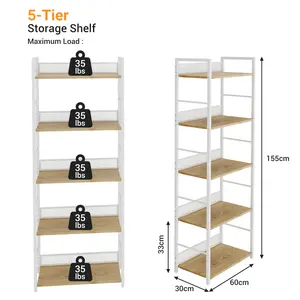 5 Tier Diamond Mesh Storage Shelf Steel Frame Wood Boards Display Organizer Rack for Bedroom Kitchen Living Room