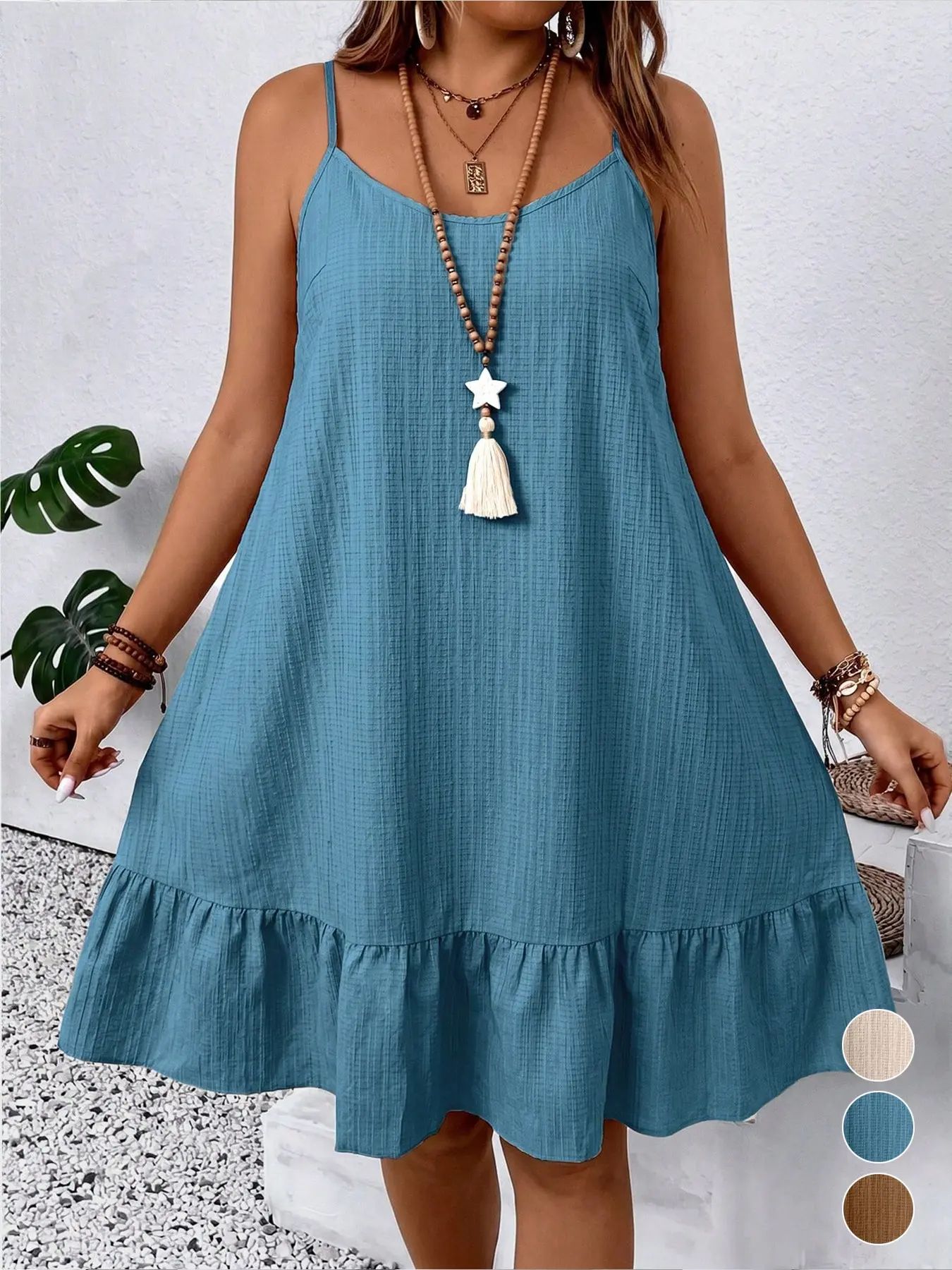 Plus size Women Spaghetti Strap Textured Swing Dress, Solid Ruffle Hem Loose A Line Summer Sundress, Boho Beach Vacation Casual Sleeveless Mini Dress, Beachy Style Dress