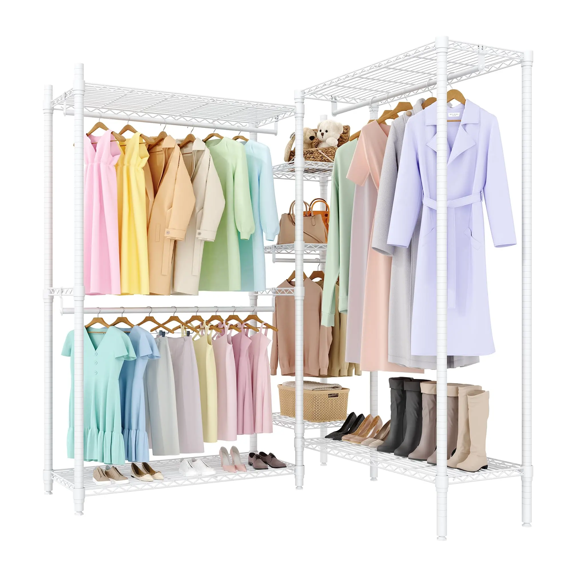 Freestanding Garment Storage Rack, Adjustable‑Structure Portable Clothes Wardrobe, 4 Hanging Rods and 7 Multi‑layer Storage Shelves, Easy‑to‑Assemble Clothing Organizer, Dimension 76.5"H x 67.6"L x 15.5"W