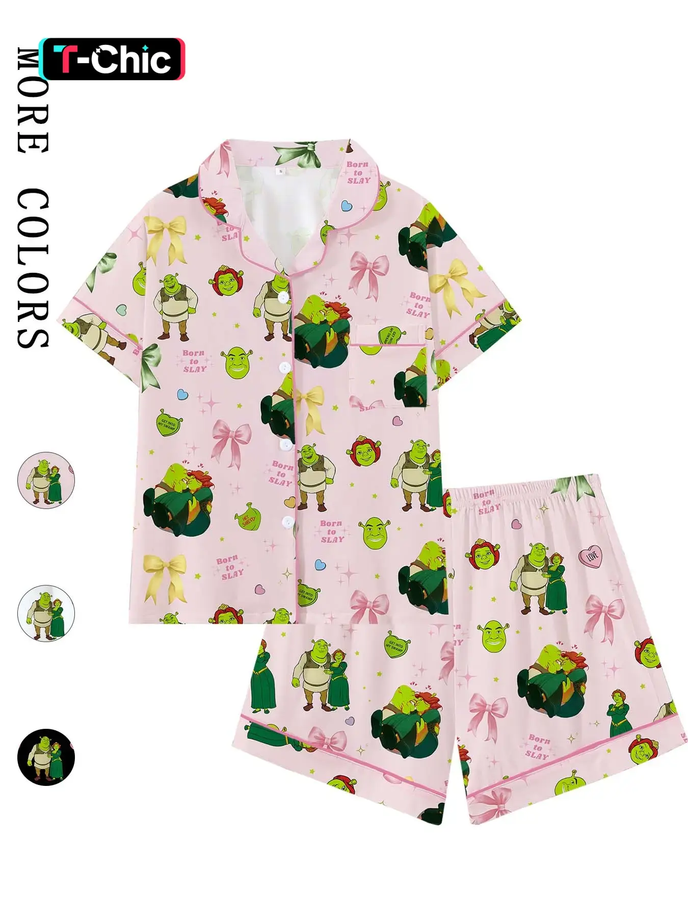 Teen Shrek Movie Cute Cartoon Print Bow Collar Short Sleeve Pajama Nightwear Set Pyjamas Pjs, Comfortable Fashion Sleepwear Loungewear for All Seasons, Princess Fiona Gift, Loose-Fitting