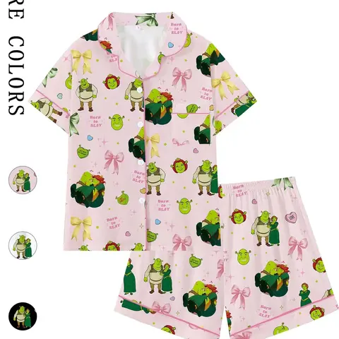 Teen Shrek Movie Cute Cartoon Print Bow Collar Short Sleeve Pyjamas Pjs, Printed Sleepwear Set, Comfortable Fashion Sleepwear Loungewear for All Seasons, Princess Fiona Gift, Loose-Fitting