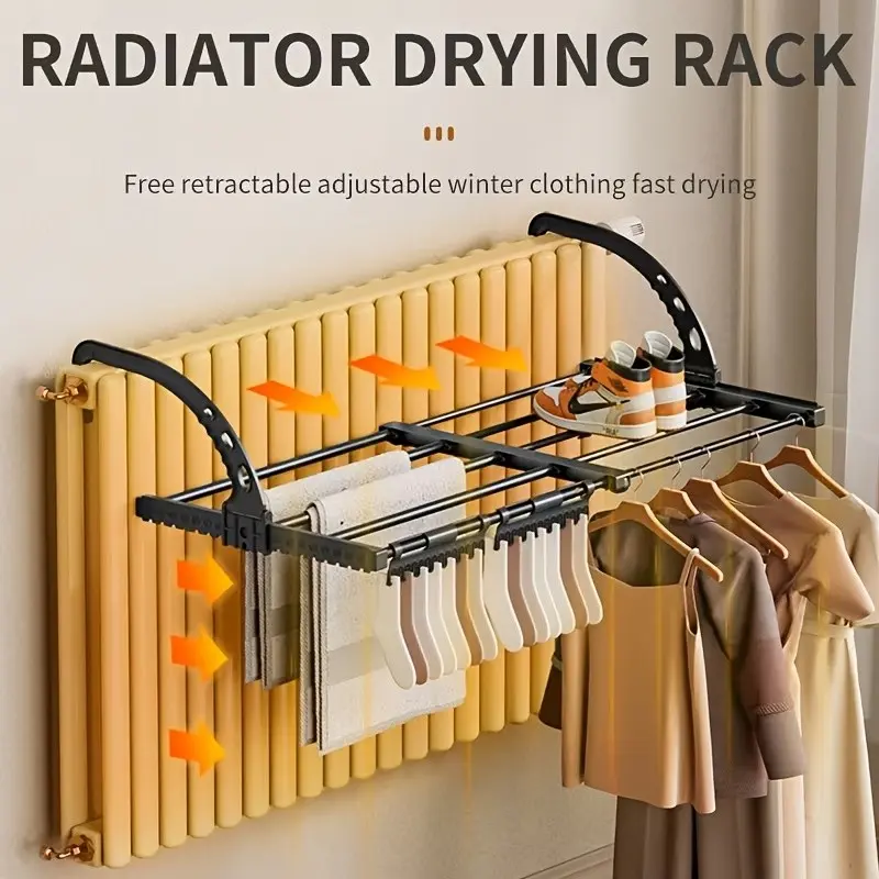 Retractable Radiator Drying Rack, Adjustable over Radiator Clothes Airer, Foldable Metal Laundry Hanger for Quick Drying Indoors